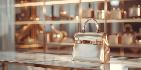 Luxurious metallic handbag displayed in a glamorous retail setting with soft lighting