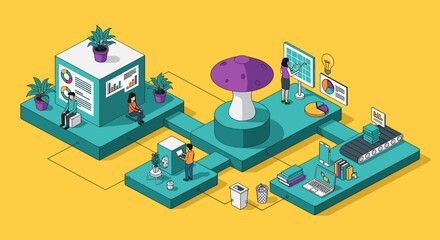 Obraz premium Modern business teams collaborate digitally in a vibrant, innovative workspace environment