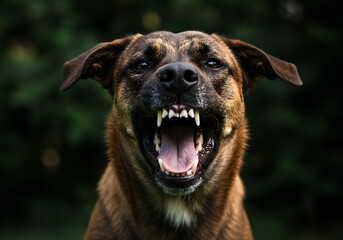 Obraz premium Close-up Portrait of Aggressive Brindle Dog Baring Fangs. Generative Ai