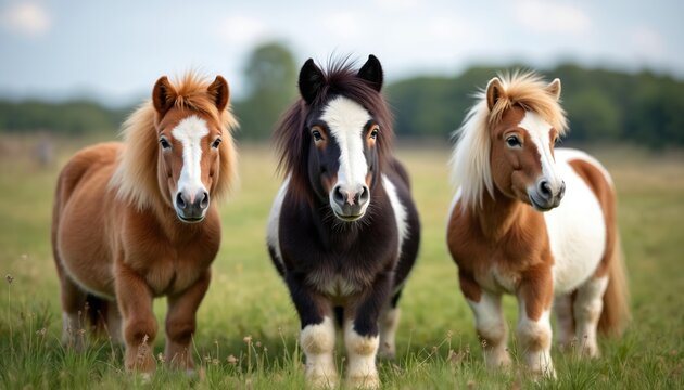 Three cute Shetland ponies stand side by side in vibrant green rural field. Small fluffy horses with distinct markings, flowing manes look curiously at camera. Adorable farm animals peacefully enjoy