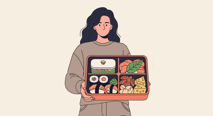 Woman holding bento box with various Japanese food items in flat vector illustration
