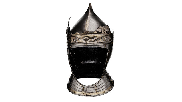 Historical black helmet from the medieval era displayed in a museum