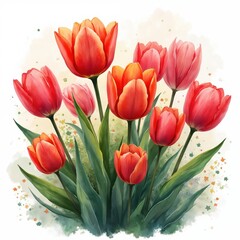 Obraz premium Vibrant red, orange tulips bloom with fresh green leaves. Colorful floral bouquet, in hand drawn illustration style, perfect for spring. Ideal for Mothers Day, Easter, celebration background. Fresh