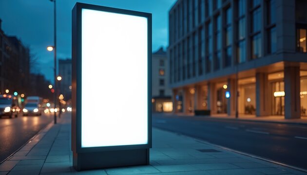 Blank digital billboard lit on city street sidewalk at twilight. Modern building and passing cars on road. Urban nighttime scene with clear space for ad content.