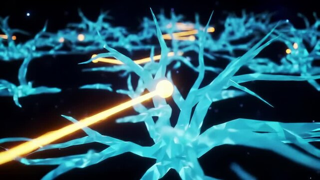 Digital flowchart animation: Abstract representation of neural network connections with glowing data and energy flow in scientific technology.