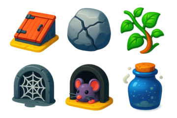 Hidden Corners Icons. 3D icon set of hidden corners: cellar door, cracked stone, creeping vine, mouse hole, cobweb, dusty jar. A