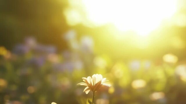 A delicate white flower stands alone in a field, illuminated by the soft glow of the sunset. This flower captures the essence of nature while displaying vibrant colors in the backg