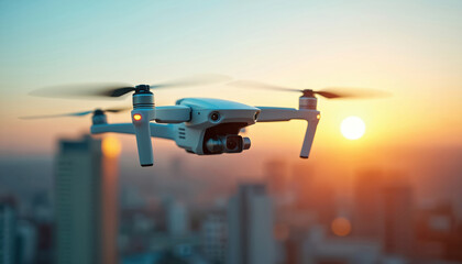 White drone flies above urban buildings during sunset. Quadcopter with camera captures aerial view. Modern tech device hovers in sky. Cityscape at golden hour. Remote controlled equipment.