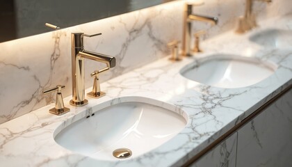Modern bathroom double sink vanity with white marble countertop and gold fixtures. Clean elegant design with ample counter space for everyday use. Luxurious home decor for upscale living.
