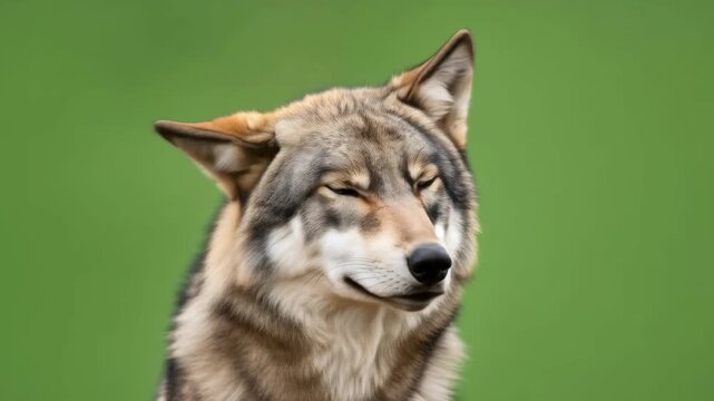 Brown wolf with various expressions looking curious and alert against a green screen for special effect footage.