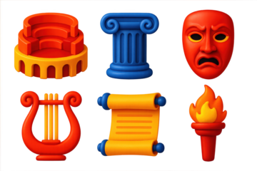 Ancient Theater Icons. 3D icon set of ancient theater: amphitheater seats, Greek column, stone mask, lyre, scroll, torch. A set of
