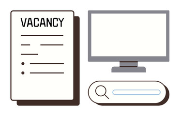 Job vacancy form beside a computer monitor and search bar conveying a digital job search. Ideal for employment, recruitment, HR, career growth, job hunting, workforce planning, simple flat metaphor