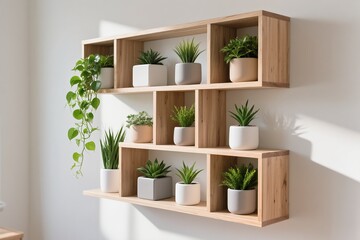 Stylish wooden shelves adorned with various indoor plants, perfect for enhancing home decor and ambiance