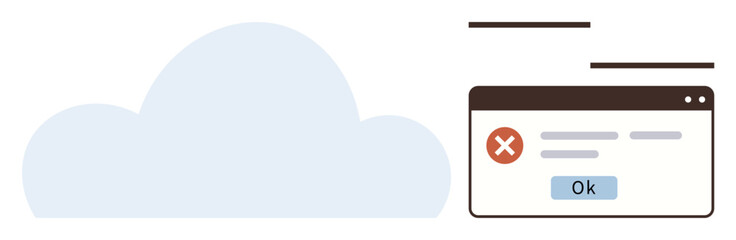 Large blue cloud next to a browser window showing an error message with a red cross and an Ok button. Ideal for cloud computing, IT issues, troubleshooting, error handling, communication, data