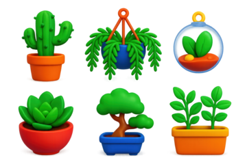 3D Indoor Garden Icons. 3D icon set of indoor gardens: potted cactus, hanging fern, terrarium globe, succulent plant, bonsai pot,
