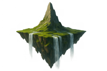 Floating island with mountain peak and waterfalls cascading from grassy cliff on transparent background