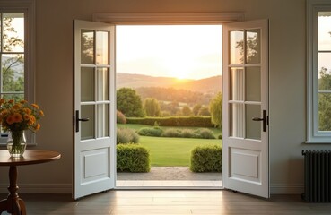 Fototapeta premium French doors open to garden view at sunset. Sunny view through open doors to backyard. Evening landscape with greenery and lawn. Sunset colors warm the interior design.