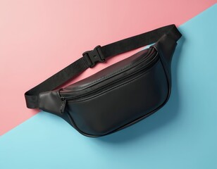Black leather waist bag with adjustable strap on pastel background. This versatile accessory offers handsfree carrying for travel, sports or daily use. Useful for essentials.