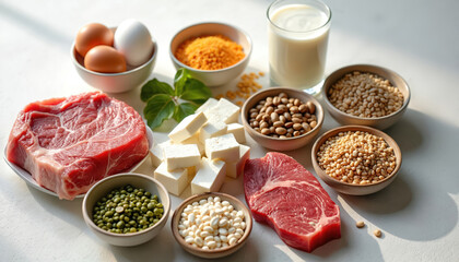 Assortment of protein sources like eggs, milk, beef, beans, and tofu arranged neatly. Healthy food variety for diet and muscle growth, offering essential nutrients.