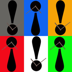 Pop Art Clocks – Six Minimalist Timepieces with Exclamation Shapes on Colorful Backgrounds