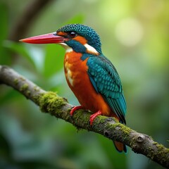 Obraz premium Colorful kingfisher bird perches on mossy tree branch in rich green forest. Bright plumage displays stunning blue, green, orange colors. Small wildlife animal waits patiently in nature habitat,