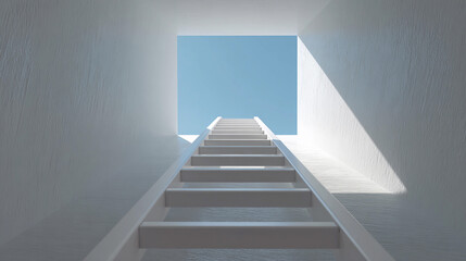 Fototapeta premium Ladder leads to bright sky in simple, modern architecture space