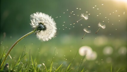 A delicate white dandelion losing its seeds to the gentle wind in a sunlit green meadow