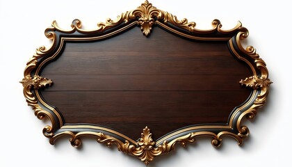 Ornate wooden plaque with gold decorative border. This blank rustic sign has space for text. Ideal for invitations, menus, or vintage signs. Classic design.