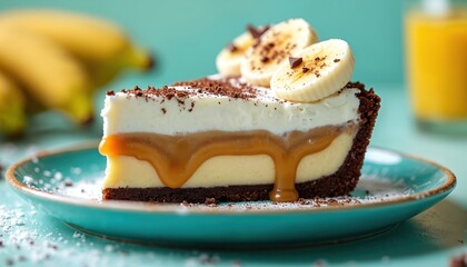 Delicious banoffee pie slice with layers of cream, banana, and caramel sauce, topped with fresh banana slices and chocolate shavings on a teal plate.