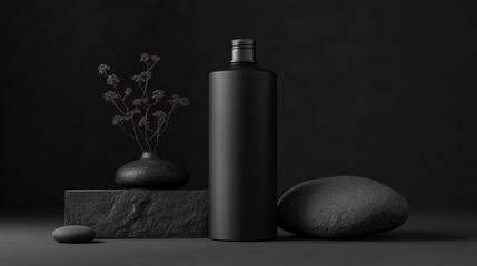 Modern still life arrangement with black objects and flowers