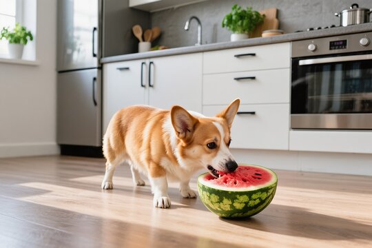 In a bright and contemporary kitchen setting, a playful corgi is happily munching on some fresh watermelon - Powered by Adobe