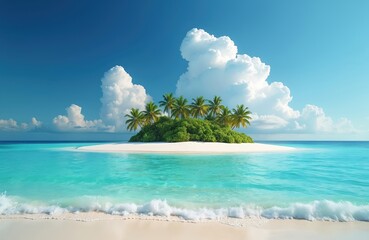Rich green islet with palm trees sits in clear turquoise ocean water. White sand beach meets gentle waves under a bright blue sky with fluffy clouds.