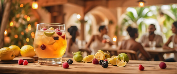 Obraz premium A refreshing beverage served in a glass, garnished with fruits such as lemon, lime, and raspberries, set against a warm, relaxed atmosphere with a cozy ambiance background.