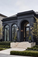 A contemporary black house facade featuring sophisticated arches stands out beautifully amidst a meticulously maintained garden, all set in a charming suburban neighborhood on a bright, sunny day