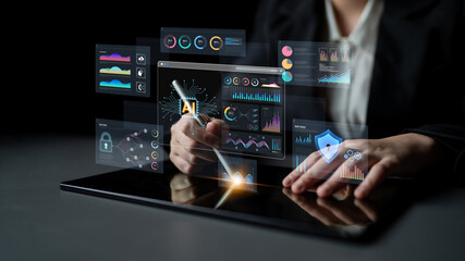 An Artificial Intelligence platform for business intelligence. The dashboard shows advanced data analytics, predictive modeling, and security monitoring through various visualizations. Fermion