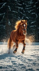 A powerful chestnut horse gallops dynamically through a snowy winter landscape, kicking up glistening white powder under a dramatic golden backlight from a low-angle perspective.