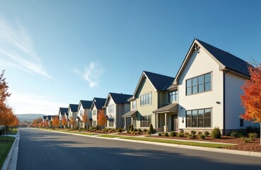 Row detached houses along street in residential neighborhood during sunny day. Modern buildings with green lawns and colorful trees. Real estate property on sale in housing development area.