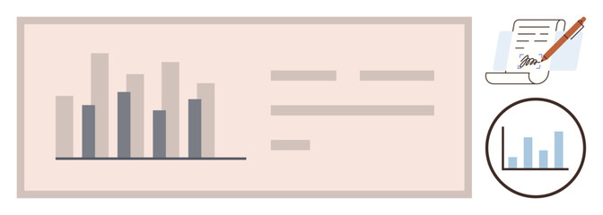 Bar chart comparison alongside document writing concept featuring signed papers and magnified chart. Ideal for data analysis, reports, statistics, business, research, contracts, and presentations. A