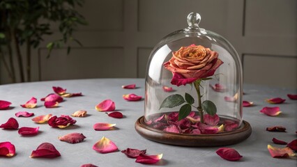 A single wilting rose with fallen red petals preserved under a glass dome on a wooden base