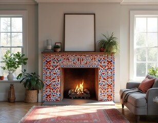 Cozy living room fireplace with bold red, blue patterned tiles. Warm fire burns inside, providing comfort. Green plants, comfy armchair, red rug decorate welcoming space. Sunlight streams through