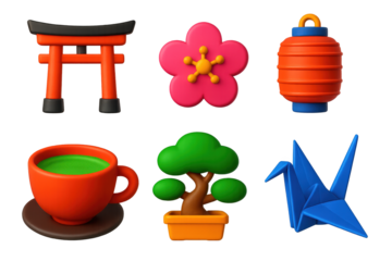 Japanese Tradition Icons. 3D icon set of Japanese traditions: torii gate, cherry blossom, paper lantern, tea cup, bonsai tree,