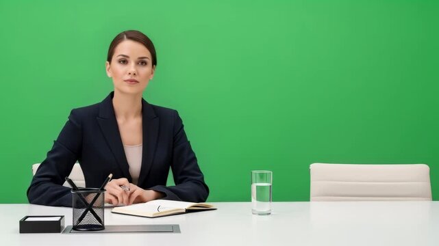 Woman writing notes then looking up at the camera while sitting at a table on a green screen for chroma key footage.