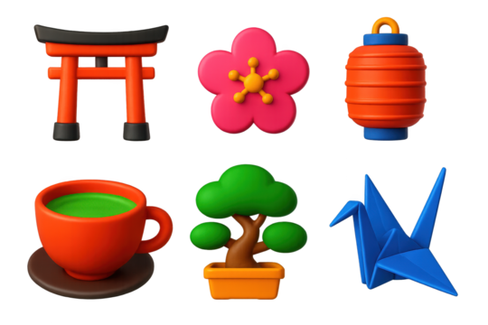 Japanese Tradition Icons. 3D icon set of Japanese traditions: torii gate, cherry blossom, paper lantern, tea cup, bonsai tree, - Powered by Adobe