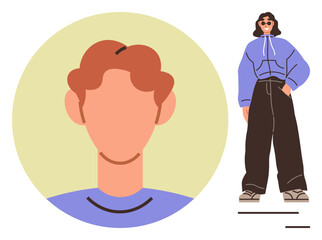 Headshot of red-haired person in circular frame and a stylish standing figure in oversized hoodie, baggy pants, and sunglasses. Ideal for modern identity, styling, fashion, individuality, digital