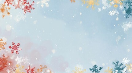 A Vibrant Winter Wonderland Background Featuring Colorful Snowflakes Surrounding a Soft Blue Center, Perfect for Holiday Celebrations and Seasonal Designs