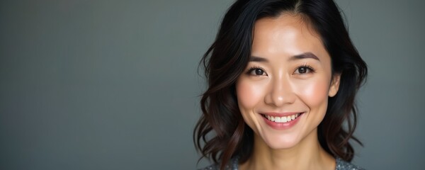 Beautiful confident Asian lady smiles directly at camera. Radiant face, healthy glowing skin, dark wavy hair show vitality. Professional woman embodies wellbeing, success, positive modern lifestyle.