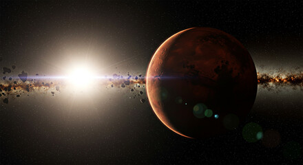 Mars from Space: A Stunning View of the Red Planet with the Milky Way Galaxy and a Radiant Sun in the Horizon