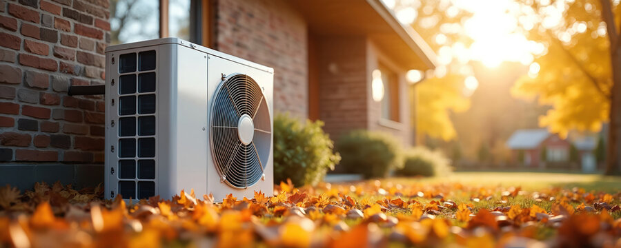 Air source heat pump installed on brick house exterior. Surrounded by fallen autumn leaves. Sunlight filters through trees creating warm lighting. Residential setting with a house in background.
