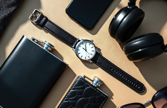 Top view of modern men stylish accessories on light brown surface. Analog watch, smartphone, headphones, black hip flask, sunglasses neatly arranged. Essential items represent style, tech, leisure