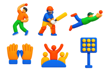 Cricket Icons Set. 3D icon set of cricket match: bowler action, batsman stance, fielder dive, wicketkeeper gloves, cheering crowd,